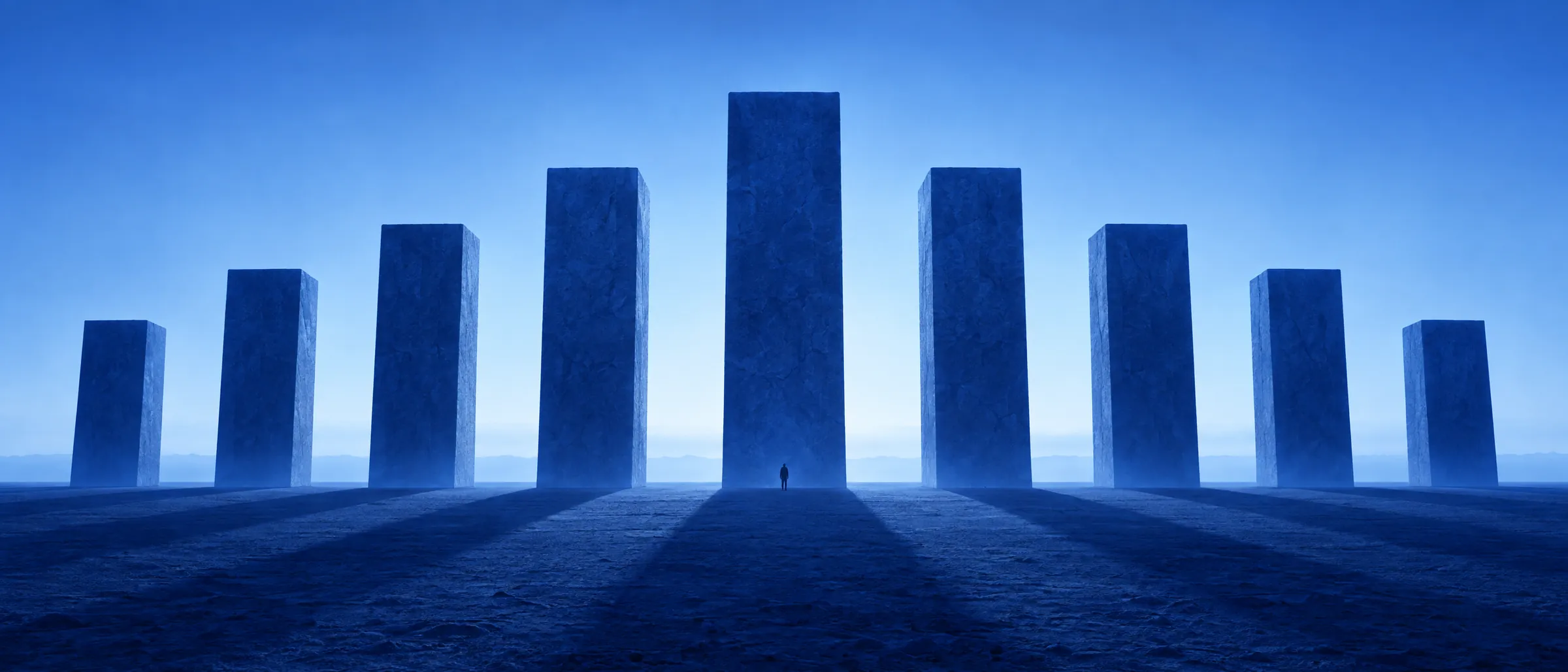 Nine colossal monoliths in a line under a pale blue sky, one small figure at the foot of the tallest.